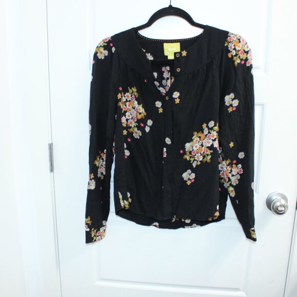 Anthropologie Maeve Black Floral Casual Blouse Button Down - Size XS - Picture 1 of 3